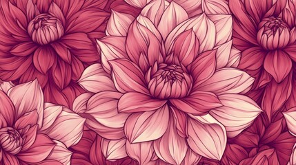 Seamless pattern featuring hand-drawn dahlia flowers in vibrant colors, showcasing intricate details and floral beauty, perfect for textiles, wallpapers, and stationery designs.
