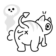 A humorous doodle icon of a cat farting with a ghost skull floating behind it

