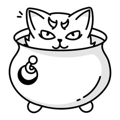 A cat hidden inside the witch’s cauldron, a doodle style icon 

