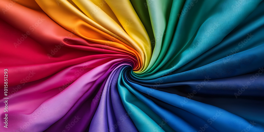Poster a vibrant spectrum of colorful fabric folds spiraling towards the center, creating a dynamic and eye