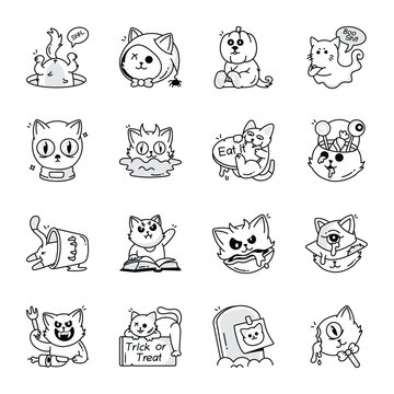 Basic RGBBundle of Spooky Cats Doodle Icons 
