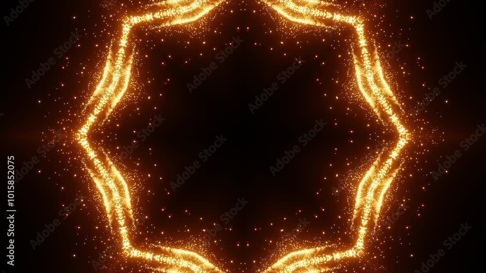 Poster abstract animated kaleidoscope pattern. orange red glowing particles on black background. 3d render.