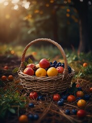 Basket of Fresh Fruit in Autumnal Setting