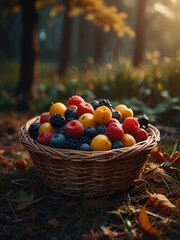 Basket of Fresh Fruit in Autumnal Setting