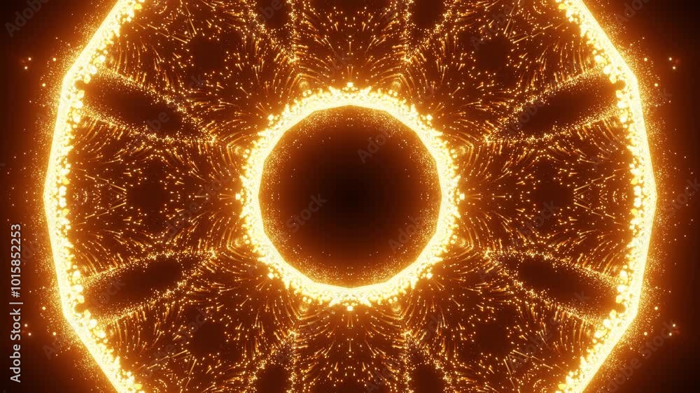 Aufkleber abstract animated kaleidoscope pattern. orange red glowing particles on black background. 3d render.