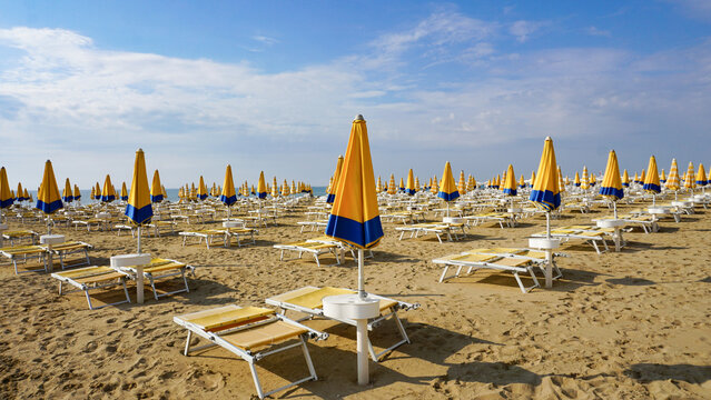 Umbrellas on the beach of Lido di Jesolo near Venice, Veneto region, Italy.