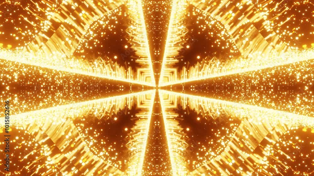 Poster abstract animated kaleidoscope pattern. orange red glowing particles on black background. 3d render.