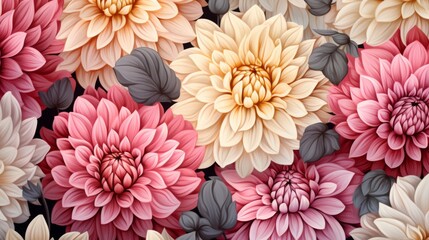 Seamless pattern featuring hand-drawn dahlia flowers in vibrant colors, showcasing intricate details and floral beauty, perfect for textiles, wallpapers, and stationery designs.