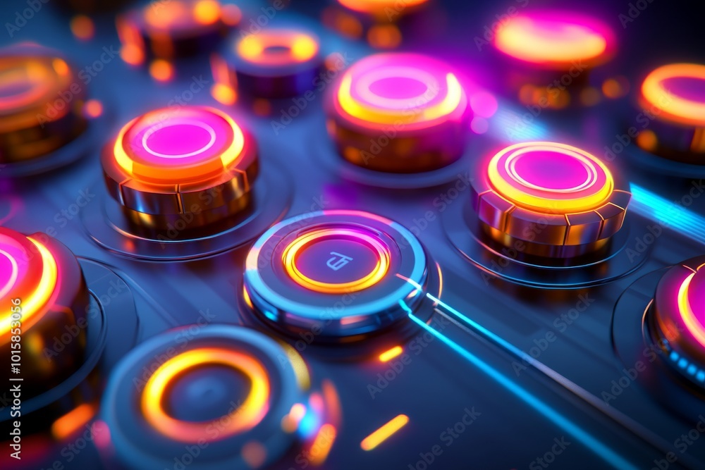 Poster colorful illuminated buttons on a control panel with a vibrant glow.