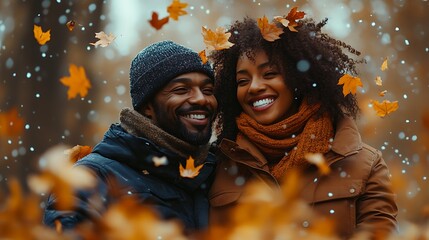 Happy couple standing in autumn forest, leaves falling.