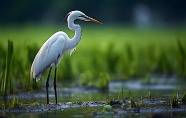 Fototapeta premium A white heron stands in a marsh in a rice field, surrounded by water and aquatic plants.