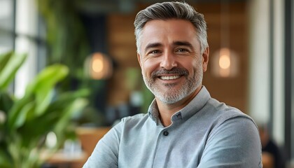 Fototapeta premium Portrait of a Smiling Middle-Aged Man with Graying Hair