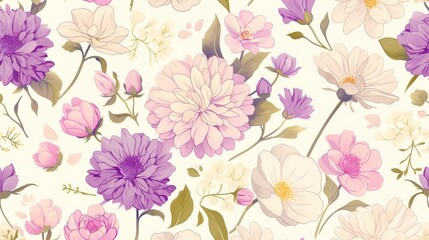 Seamless pattern featuring hand-drawn dahlia flowers in vibrant colors, showcasing intricate details and floral beauty, perfect for textiles, wallpapers, and stationery designs.