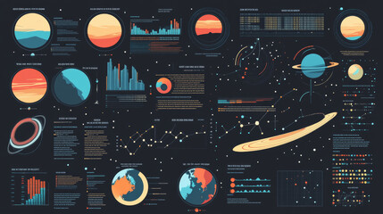 This infographic shows information about planets and space exploration using circles, charts, and diagrams. It includes statistics and illustrations about orbits.