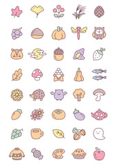 Kawaii autumn icon set. Collection of cute hand drawn illustrations of autumn food, falling leaves, animals and festive decorations isolated on a white background. Vector 10 EPS.