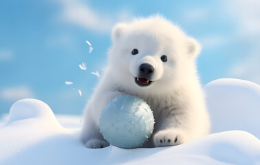Cute polar bear cub playing in the snow amidst a winter landscape.