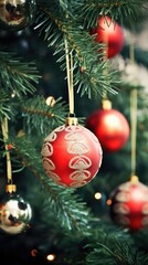 Fototapeta premium Christmas tree branch with ornaments close-up