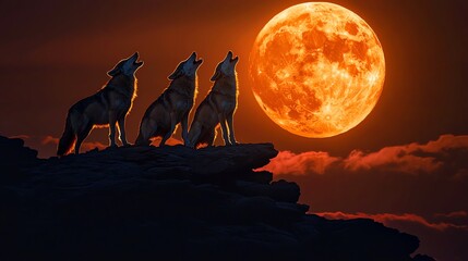 Wolves howling at full moon, silhouetted on rocky cliff