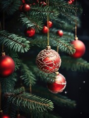Fototapeta premium Christmas tree branch with ornaments close-up