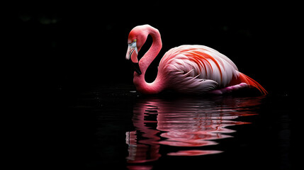 graceful flamingo stands in calm water, reflecting its vibrant colors beautifully