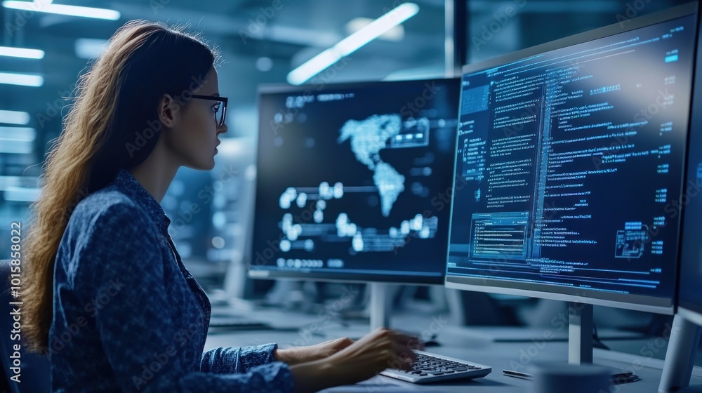 Poster woman programmer coding in a modern office
