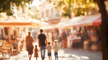 Enchanting Family Stroll Through Picturesque Town Square on Warm Afternoon