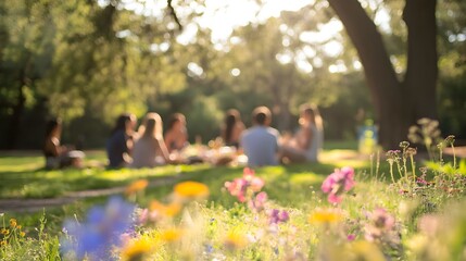 A Joyful Gathering Savoring a Picnic in a Sun-Dappled Park Surrounded by Vibrant Wildflowers