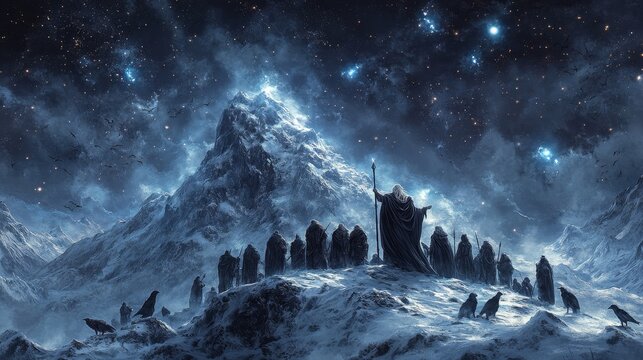A circle of gods on a frosty mountain summit, surrounded by wolves and ravens, as Odin raises his staff and the gods discuss Ragnarok, with celestial bodies aligning above