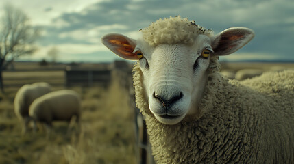 Obraz premium close up of sheep on farm, showcasing its woolly texture and curious expression