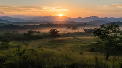 A breathtaking landscape scene showcasing a misty sunrise over rolling hills and lush grasslands with vibrant colors and a peaceful ambiance.