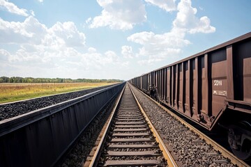 Fototapeta premium Carbon Border Adjustment Divergence: Contrasting Railways with Clean Energy and Coal Loads at Border Checkpoint