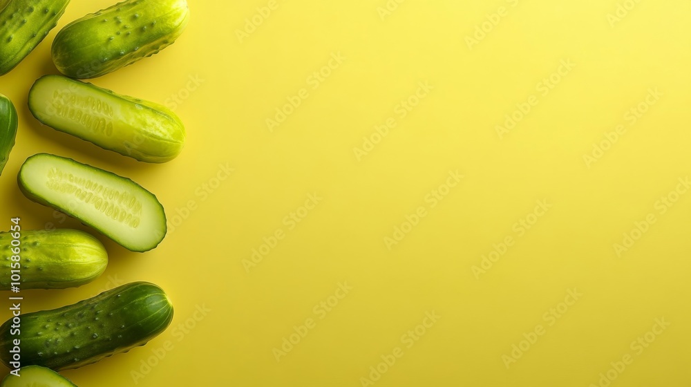 Poster this artistic display features a variety of pickled cucumbers arranged neatly on a vibrant yellow ba