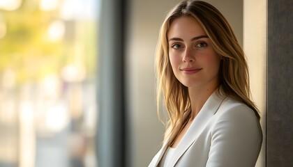 Fototapeta premium Portrait of a Young Woman in a White Blazer, Looking Directly at the Camera