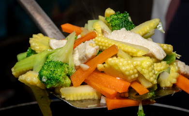 Close-up of stir-fried mixed vegetables with pork