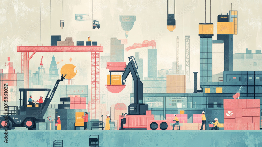 Poster a simple illustration shows workers using computer technology and machinery, like a crane and loader