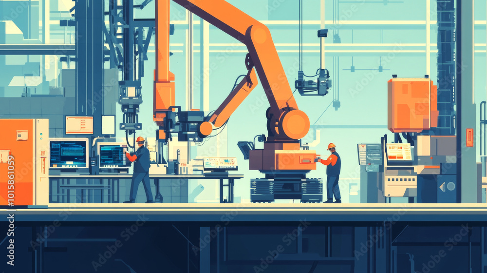Poster a simple illustration shows workers using computer technology and machinery, like a crane and loader