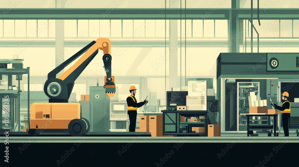 Poster a simple illustration shows workers using computer technology and machinery, like a crane and loader