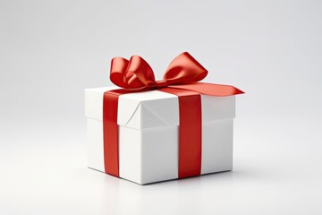 Fototapeta premium White gift box tied with red ribbon bow isolated on studio background