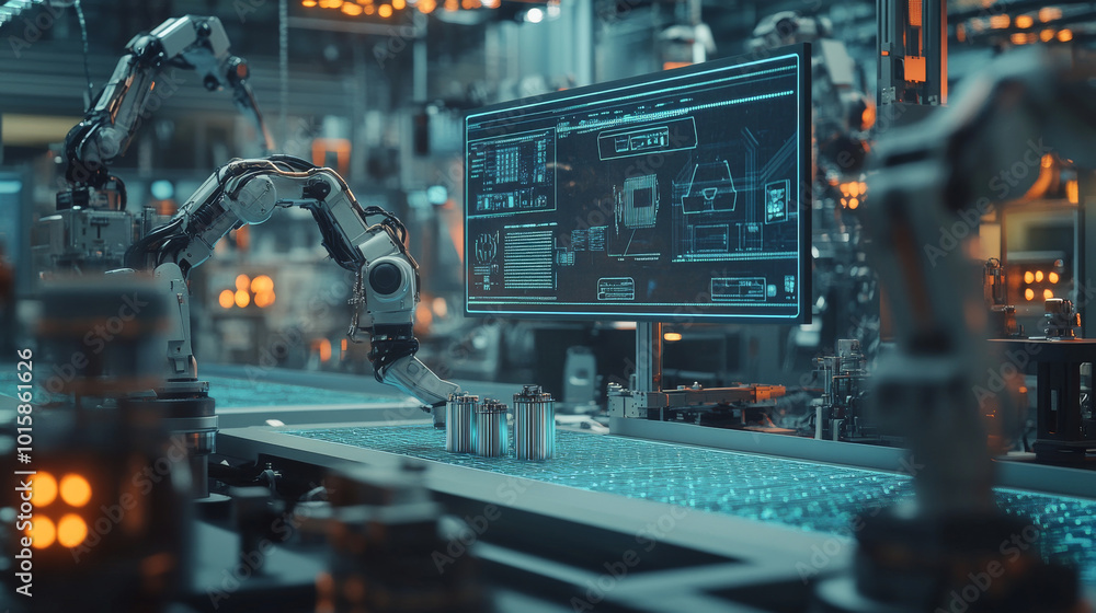 Poster a futuristic factory scene with robots controlled from afar, 3d printers, and holographic displays.