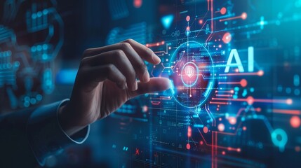 Business professional using AI technology for data analysis and advanced marketing, web banner with blue background and "AI" text, high-resolution.