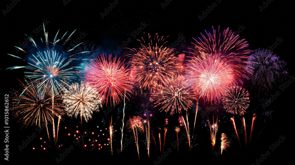 Poster a realistic image of fireworks exploding against a black sky. the design includes animated elements.