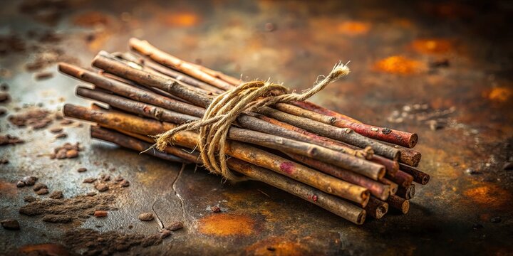 A bundle of rustic twigs tied together with twine, resting on a weathered surface with flecks of reddish brown and orange