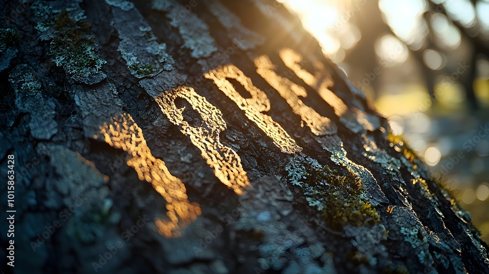 Poster the word 'tree' is etched into the bark of a tree trunk, illuminated by the warm glow of the setting
