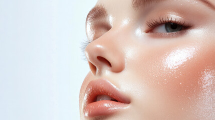 Youthful glowing skin with soft and smooth texture, showcasing close up of radiant face. skin appears dewy and well hydrated, emphasizing beauty and freshness
