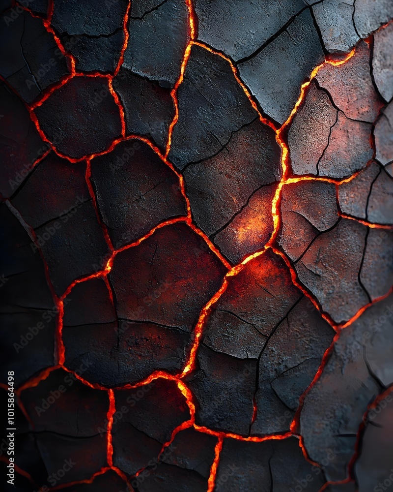 Poster a close-up view of molten lava flowing through cracks in the earth's crust, glowing with an intense 