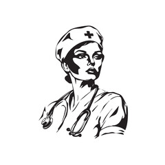 Nurse Icon - Vector Medical Assistant with Stethoscope and Cap for Health Care Services in Glyph Pictogram illustration
