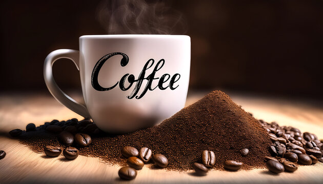 A coffee mug with a motivational quote printed on it. Place the mug amidst a mound of grinded coffee beans, with a few beans scattered in an artistic manner