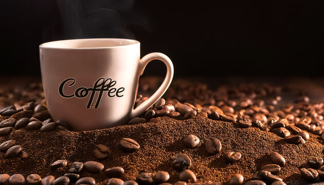 A coffee mug with a motivational quote printed on it. Place the mug amidst a mound of grinded coffee beans, with a few beans scattered in an artistic manner - Powered by Adobe