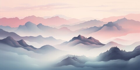 Fototapeta premium Serene mountain landscape with clouds enveloping the peaks, creating a tranquil atmosphere filled with soft pastel colors and gentle fog, perfect for nature lovers and calming decor.