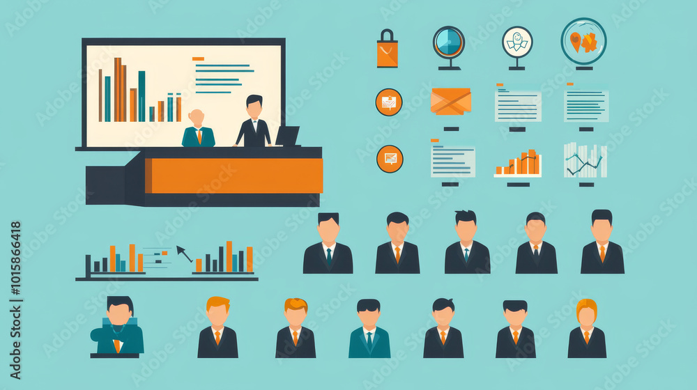Poster this set of illustrations shows different elements related to business meetings and conferences. it 